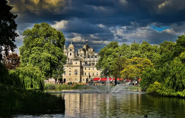 England, The city, Trees, Pond, Palace, Fountains, photon, Buckingham Palace