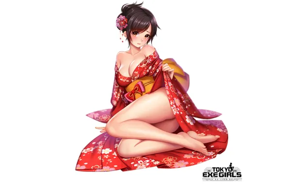 Girl, sexy, yukata, cleavage, boobs, anime, beautiful, short hair