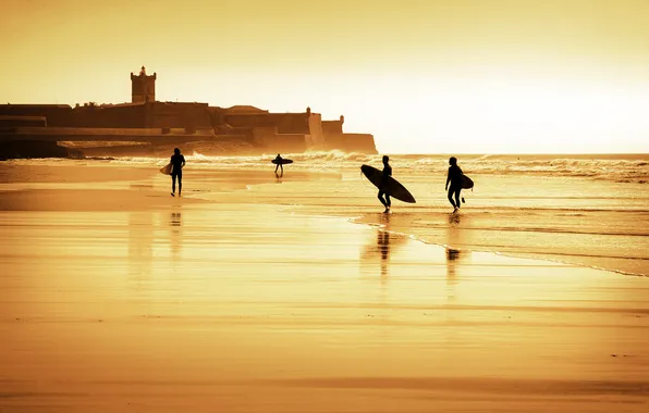 Picture sand, sea, dawn, shore, surf, surfers