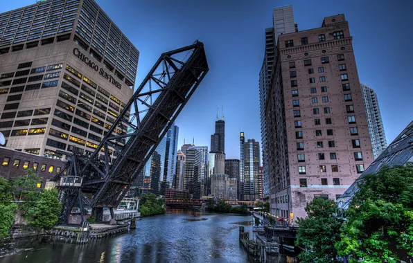 Bridge, city, river, building, the evening, USA, America, Chicago