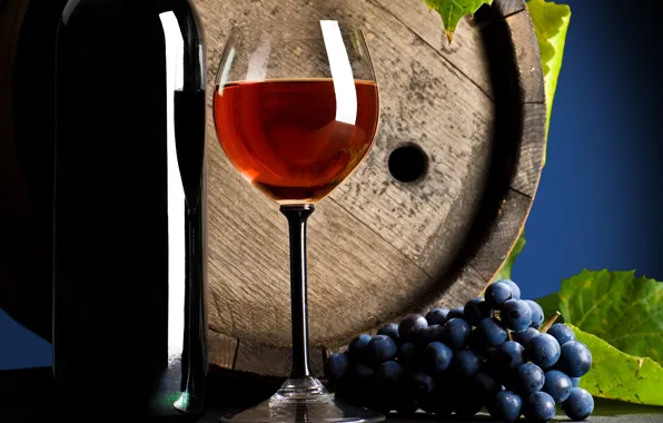 Table, wine, red, glass, bottle, grapes, drink, leaves