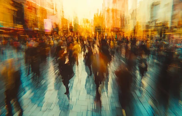 The city, movement, people, street, the crowd, blur, passers-by, AI art