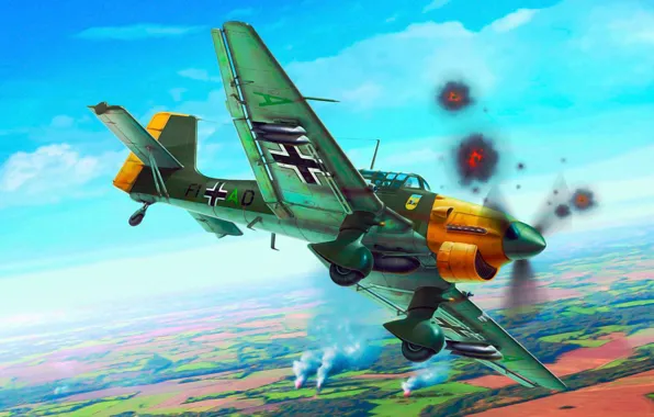 Picture war, art, airplane, painting, aviation, ww2, Junkers Ju 87 Stuka