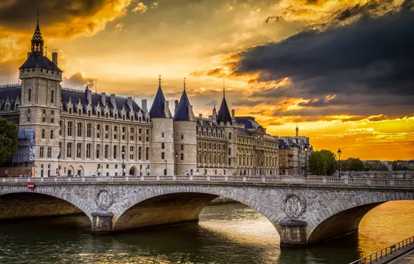 The sky, sunset, clouds, bridge, castle, France, Paris, Paris