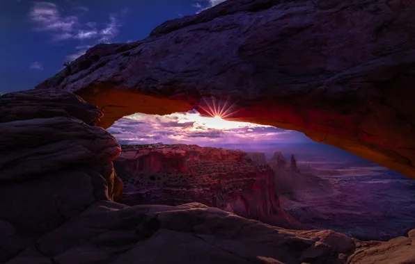 Purple, the sun, clouds, rays, light, mountains, fog, rock