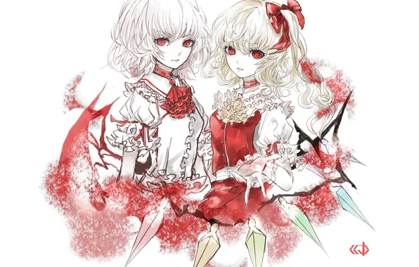 Wings, white background, crystals, red eyes, sisters, touhou, art, ruffles