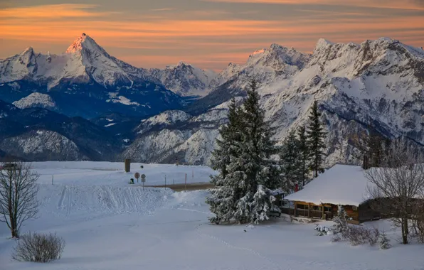 Picture winter, snow, landscape, mountains, nature, house, dawn, morning