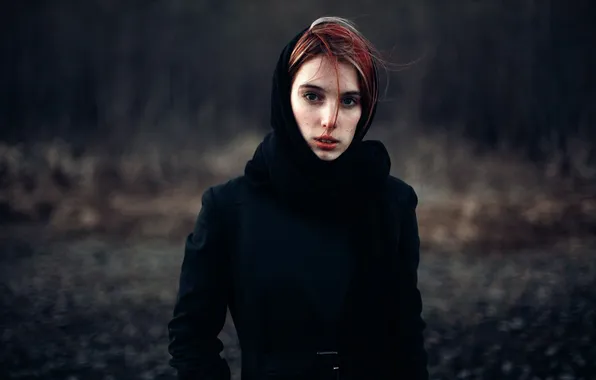 Picture girl, scarf, sponge, curls, bokeh