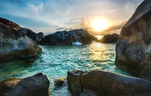 Picture sea, the sky, clouds, sunset, stones, rocks, hdr