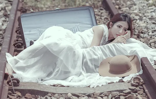 Girl, pose, railroad, Asian