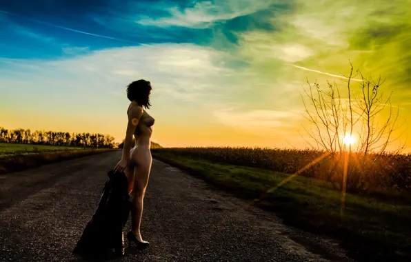 Road, chest, girl, sunset, haircut, figure, slim, jacket