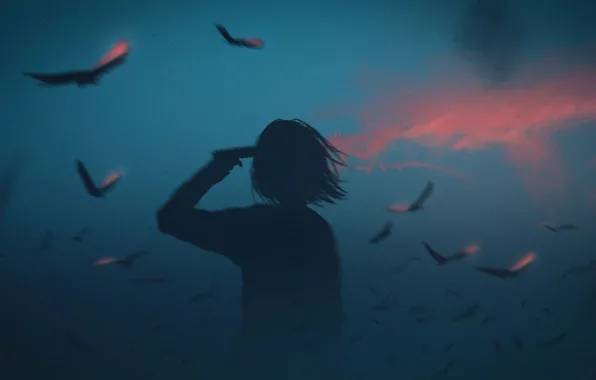 Girl, gun, smoke, crows