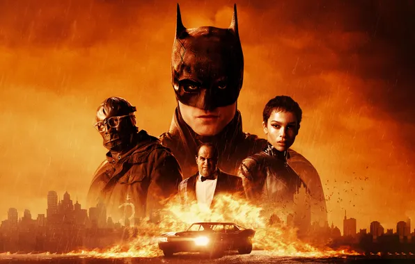 The city, fiction, rain, fire, car, Batman, Robert Pattinson, poster