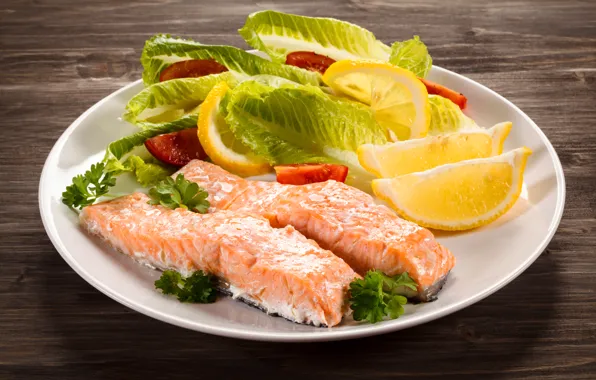 Picture leaves, lemon, fish, lemon, tomatoes, salad, fish, serving
