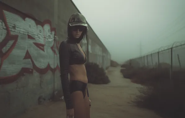 Sand, girl, pose, fog, wall, street, graffiti, the fence