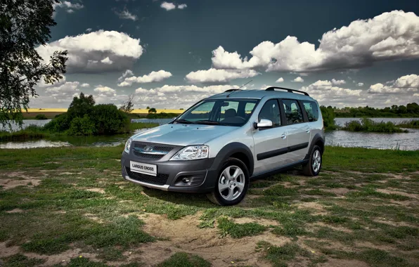 Clouds, silver, river, cross, Lada Largus, Russian cars