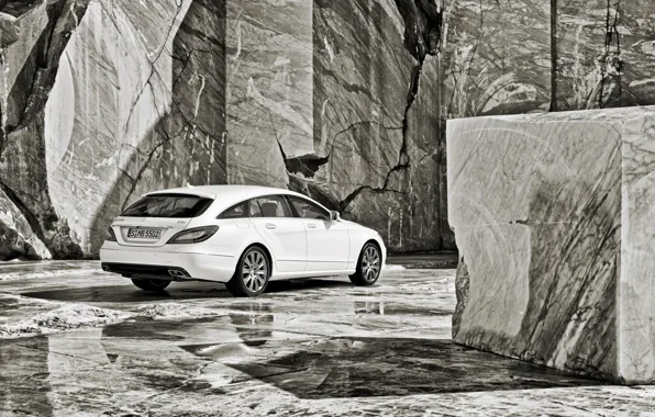 Picture white, background, Mercedes-Benz, CLS, Mercedes, rear view, granite, h\b