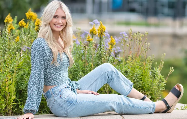 Long hair, women, jeans, blonde, smiling, sitting, platinum blonde, looking at viewer