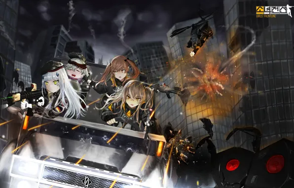 Machine, night, the city, weapons, girls, anime, art, Girls Frontline
