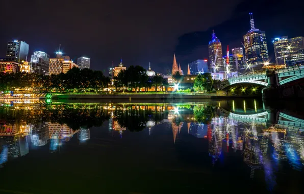 Water, trees, night, bridge, lights, reflection, river, building