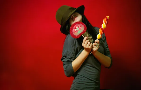 Picture girl, red, background, hat, candy