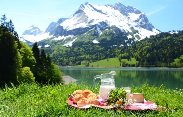 Picture greens, grass, snow, flowers, mountain, cheese, milk, pitcher