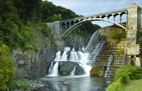 Picture trees, bridge, river, rocks, waterfall, USA, cascade, the state of new York