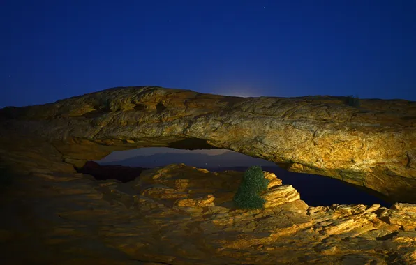 The sky, light, trees, night, rocks, arch
