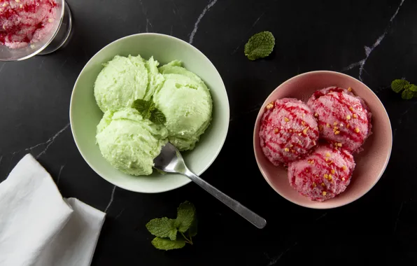 Balls, the dark background, pink, spoon, ice cream, green, mint, dessert