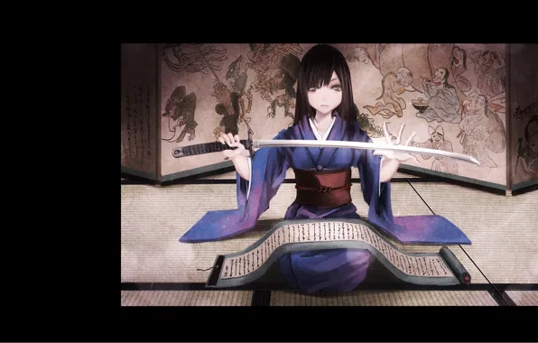 Katana, Girl, screen, kimono, sitting, scroll