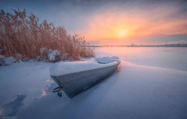 Winter, the sky, snow, sunset, boat, frost, Dubrovinsky Mikhail