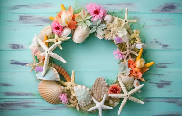 Summer, flowers, background, colorful, shell, summer, beach, wreath