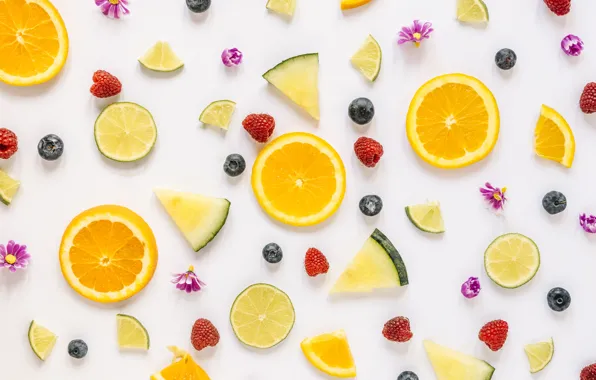 Picture berries, raspberry, blueberries, lime, citrus, fruit, pineapple, slices