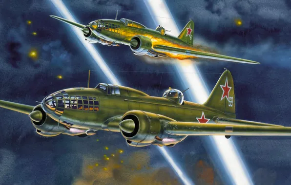 Picture war, art, airplane, painting, aviation, ww2, Ilyushin Il-4