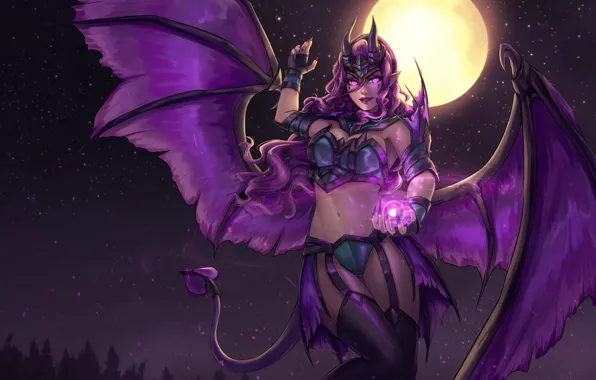 Picture the sky, girl, stars, night, the moon, wings, the demon, art