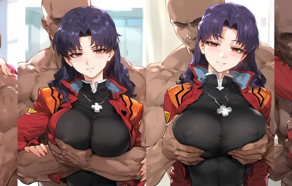 Black & white, Big Tits, Evangelion, black man, anime girl, Misato Katsuragi, anime babe, Interracial
