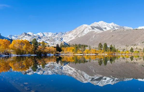 Autumn, the sky, trees, mountains, lake, reflection