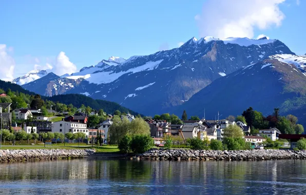 Mountains, Norway, town, promenade