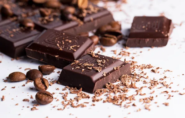 Picture macro, coffee, chocolate, white background, coffee beans, chocolate chips, chocolate bar