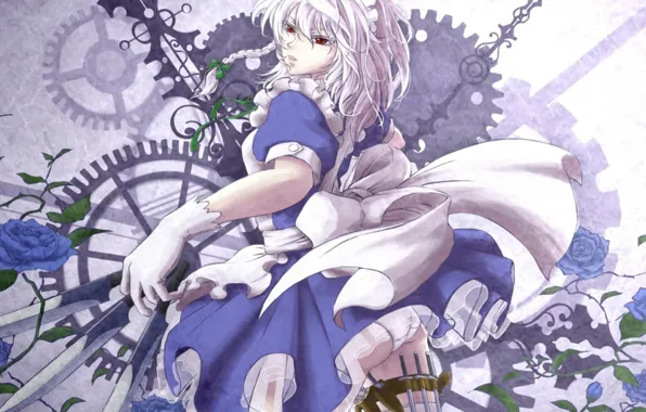 Gear, gloves, knives, red eyes, blue, the maid, izayoi sakuya, apron