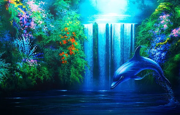 Dolphin, waterfall, plants