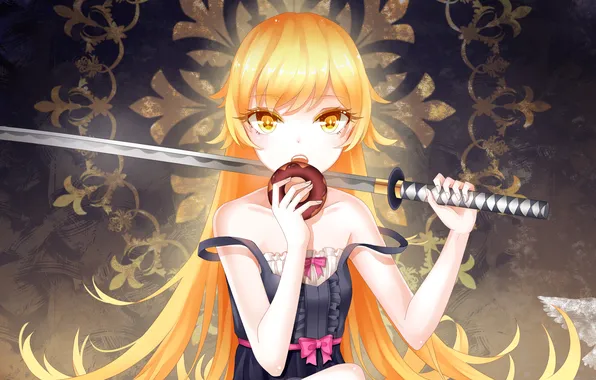 Picture pattern, Girl, sword, bows, donut, yellow eyes