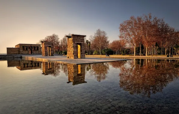 The sky, water, trees, Park, temple, Spain, monument, Madrid