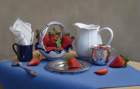 Berries, strawberry, mug, pitcher, still life, napkin, vase