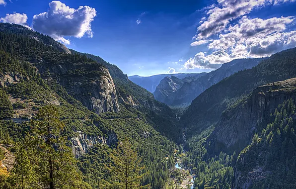 Forest, the sky, trees, mountains, river, valley, Yosemite, National Park