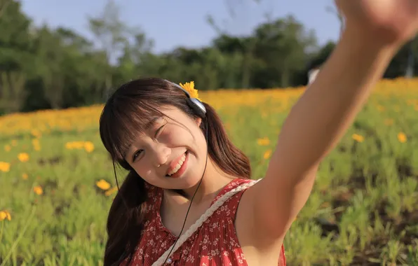 Beautiful, Asian, Model, Flower, Smile, Headphone, Woman, Cute