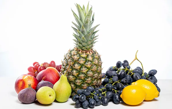 Apples, grapes, white background, fruit, pineapple, pear, lemons, figs