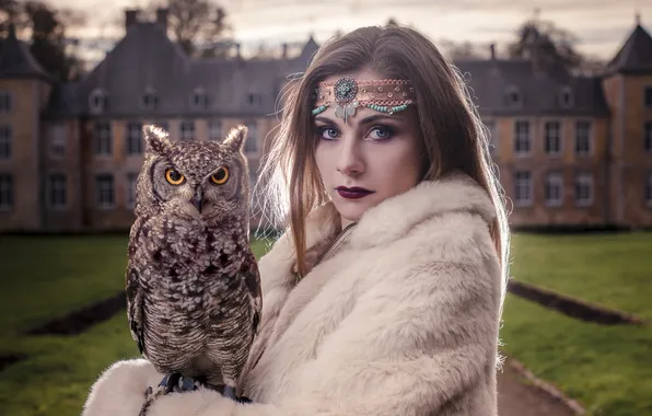 Look, girl, decoration, castle, owl, bird, portrait, coat