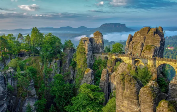 The sky, clouds, mountains, bridge, stones, rocks, view, height