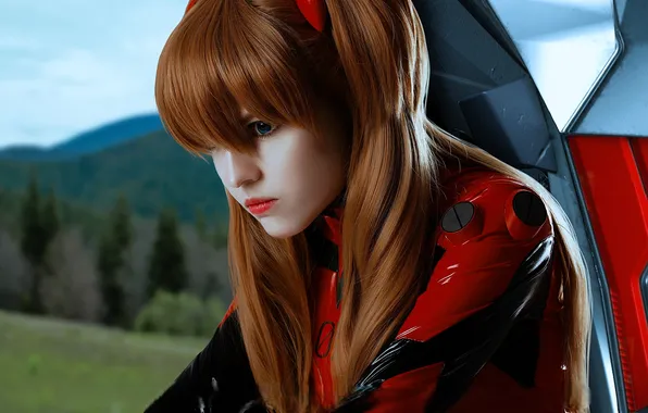 Mountains, chair, costume, outfit, image, red, cosplay, Evangelion